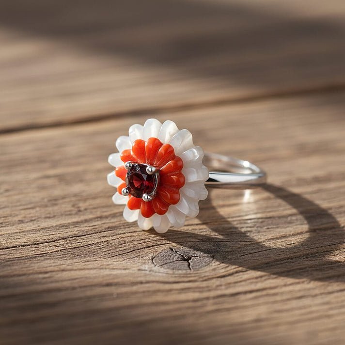 D'Joy Red Garnet, Dyed White Jade &amp; Enhanced Red Jade Floral Cluster Ring in Rhodium Overlay Sterling Silver 9.15 Ct. 8422430 2