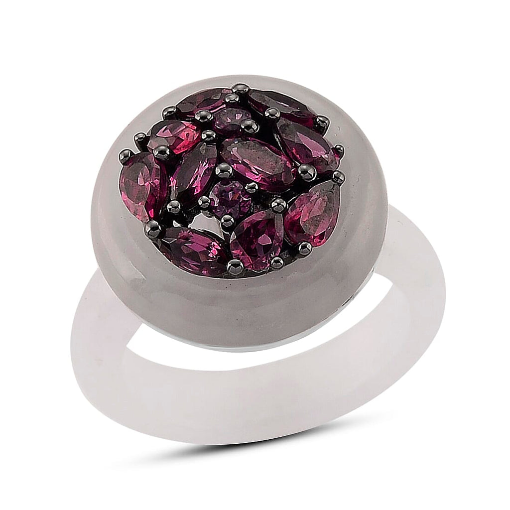 D'Joy Rhodolite Garnet and  Natural Jade Ring in Rhodium Overlay Sterling Silver 20.99 Ct.