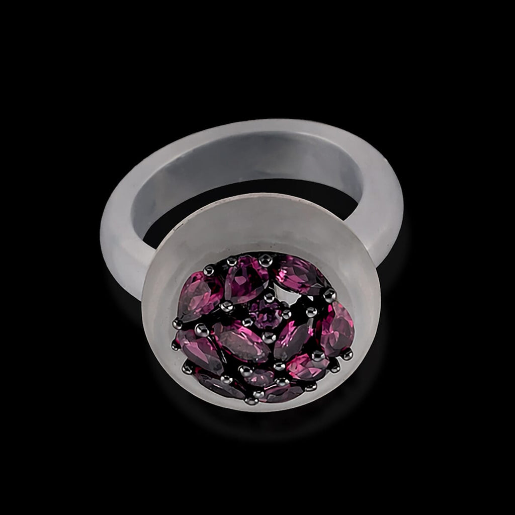 D'Joy Rhodolite Garnet and  Natural Jade Ring in Rhodium Overlay Sterling Silver 20.99 Ct.