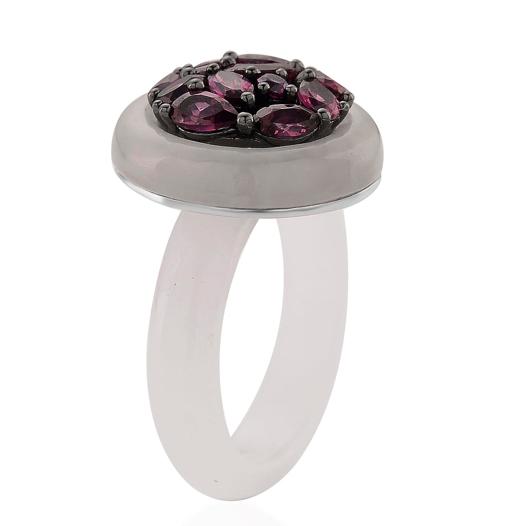 D'Joy Rhodolite Garnet and  Natural Jade Ring in Rhodium Overlay Sterling Silver 20.99 Ct.