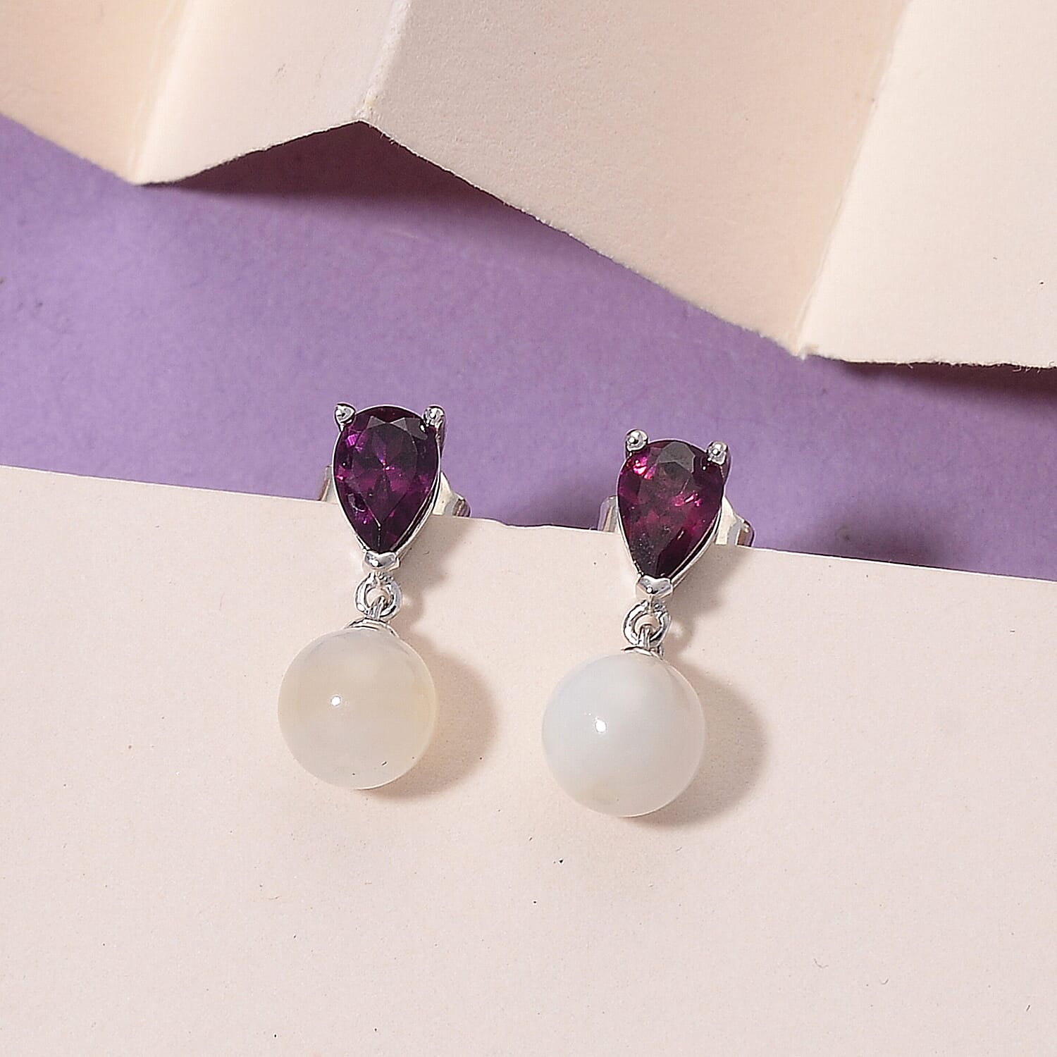 D'Joy Rhodolite Garnet &amp; Mother Of Pearl Push Back Earring in Rhodium Overlay Sterling Silver 8422424 2