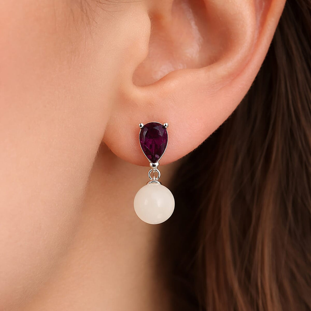 D'Joy Rhodolite Garnet & Mother Of Pearl Push Back Earring in Rhodium Overlay Sterling Silver