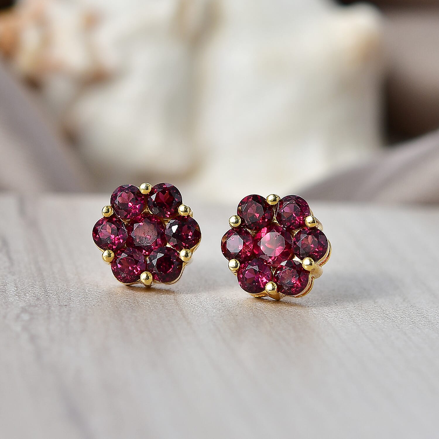 D'Joy Rhodolite Garnet Floral Cluster Earring with Push Back in Yellow Gold Plated Sterling Silver 2.61 Ct. 8500422 2