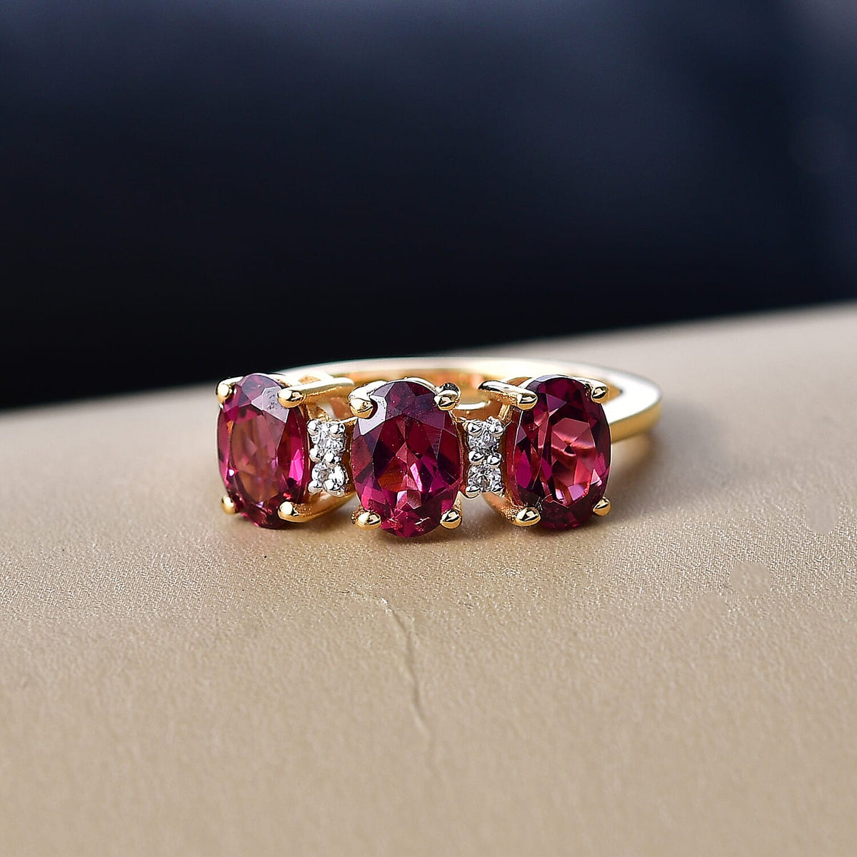 D'Joy Orissa Natural Rhodolite Garnet, White Zircon 3 Stone Ring in 18K Vermeil Yellow Gold Plated Sterling Silver 3.35 Ct. 8412072 2