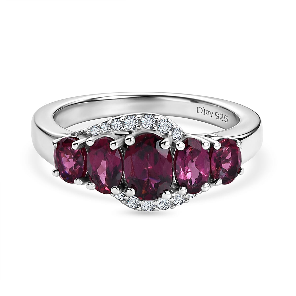 D'Joy Rhodolite Garnet &amp; White Zircon 5 Stone Ring in Platinum Overlay Sterling Silver 1.80 Ct. 8504256 0