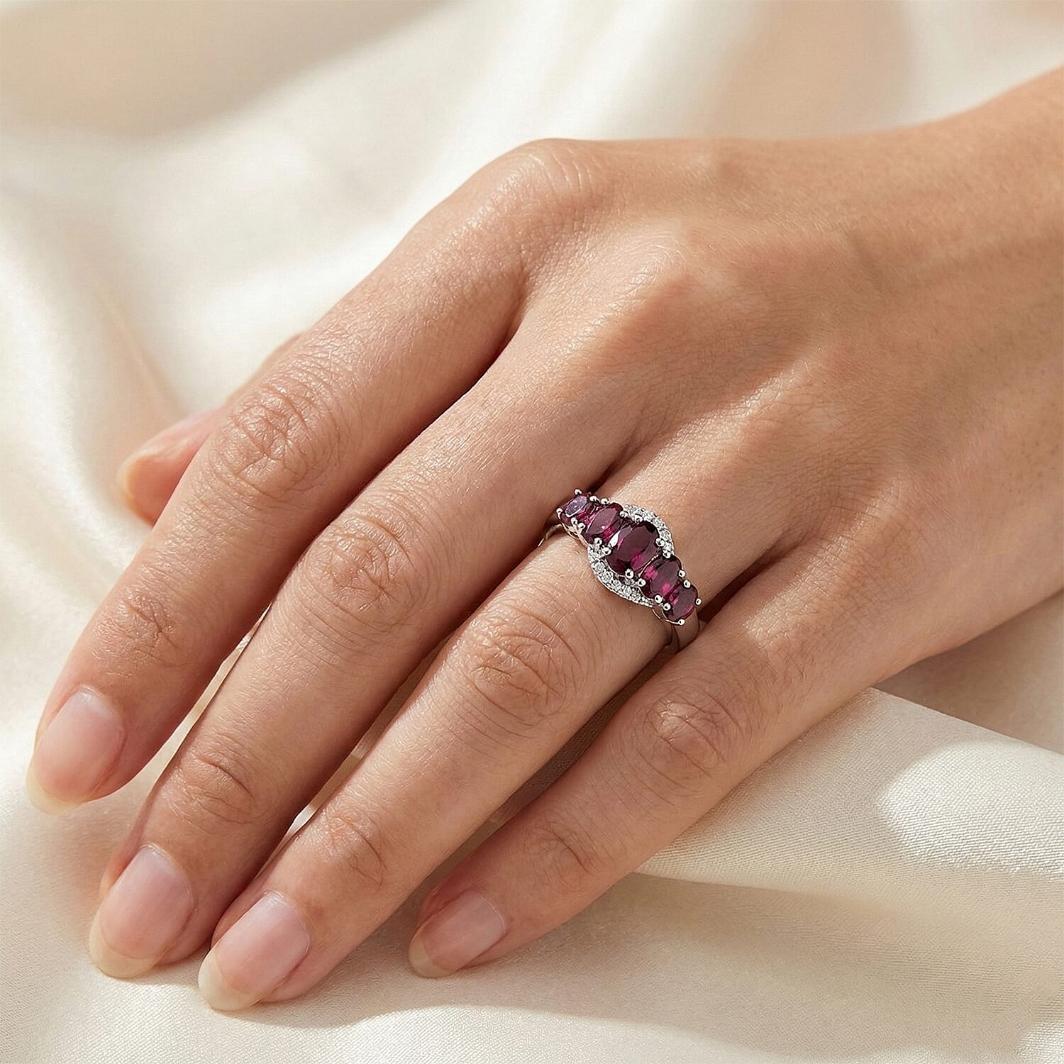 D'Joy Rhodolite Garnet &amp; White Zircon 5 Stone Ring in Platinum Overlay Sterling Silver 1.80 Ct. 8504256 2