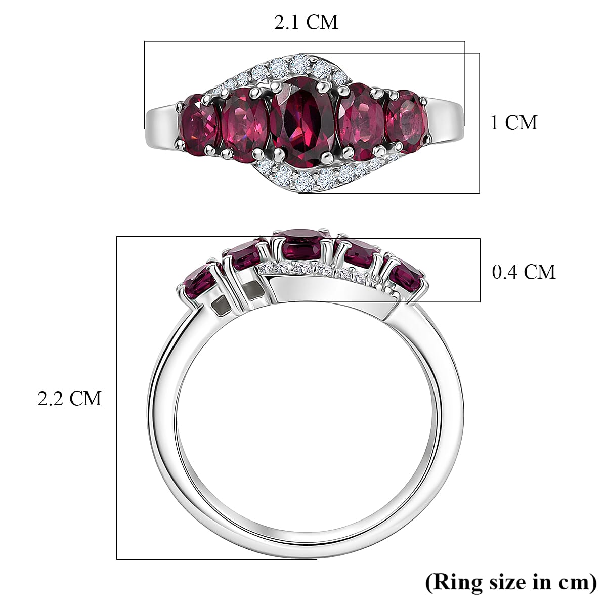 D'Joy Rhodolite Garnet &amp; White Zircon 5 Stone Ring in Platinum Overlay Sterling Silver 1.80 Ct. 8504256 6
