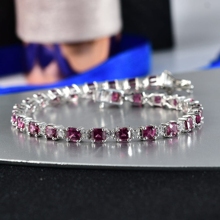 D'Joy Orissa Natural Rhodolite Garnet, White Zircon Link Bracelet (Size - 7) with Box Clasp in Rhodium Overlay Sterling Silver, 13.2 Ct. 8413266 2