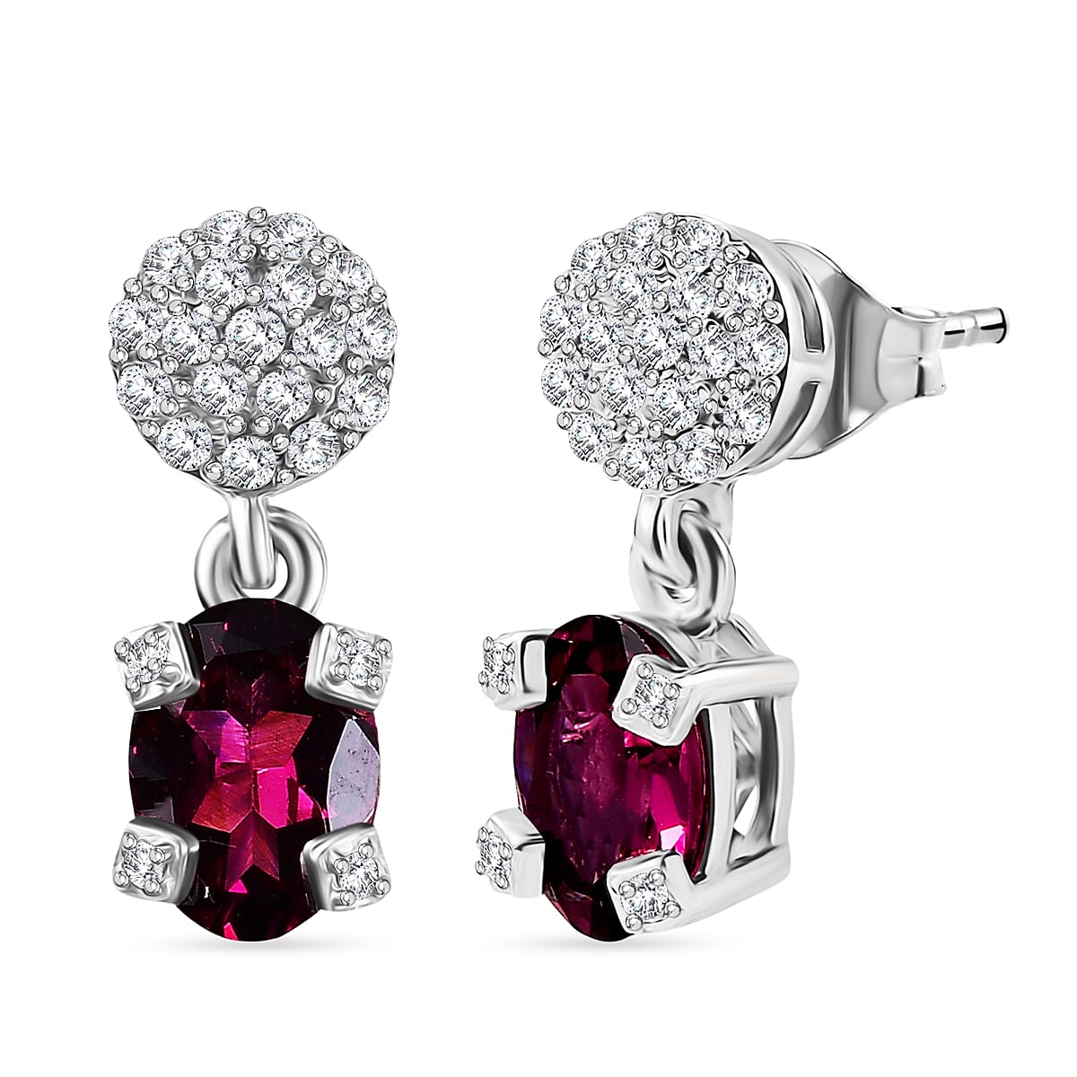 D'Joy Orissa Natural Rhodolite Garnet, White Zircon Dangling Earring in Platinum Overlay Sterling Silver 2.51 Ct. 8412036 0