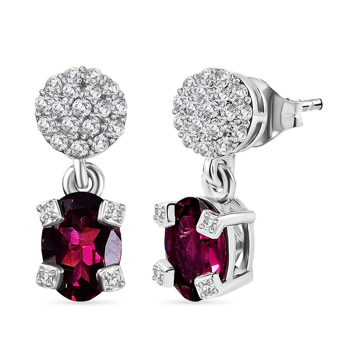 D'Joy Orissa Natural Rhodolite Garnet, White Zircon Dangling Earring in Platinum Overlay Sterling Silver 2.51 Ct. 8412036 1
