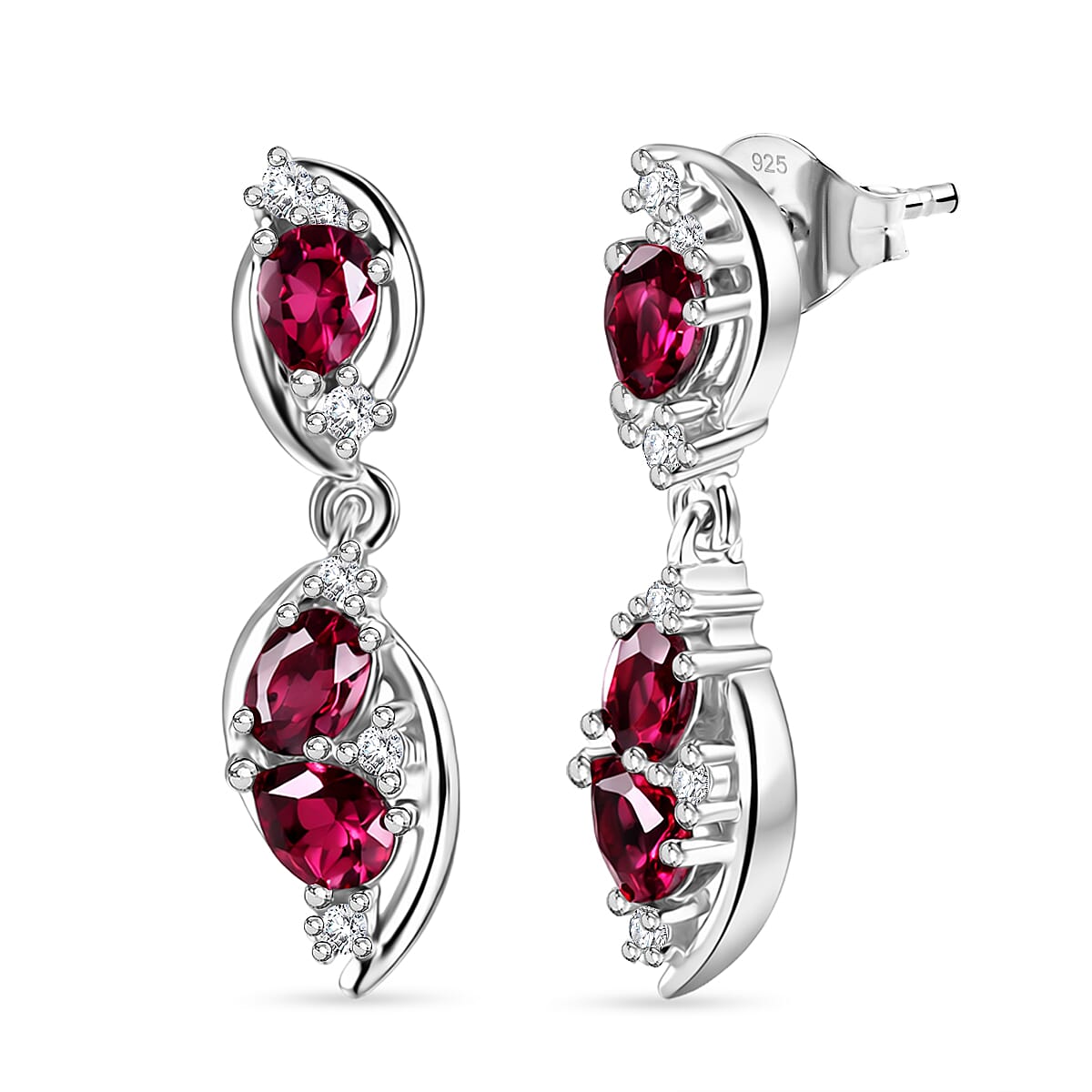 D'Joy Rhodolite Garnet &amp; White Zircon Dangling Push Post Earring in Platinum Overlay Sterling Silver 1.46 Ct. 8503160 0