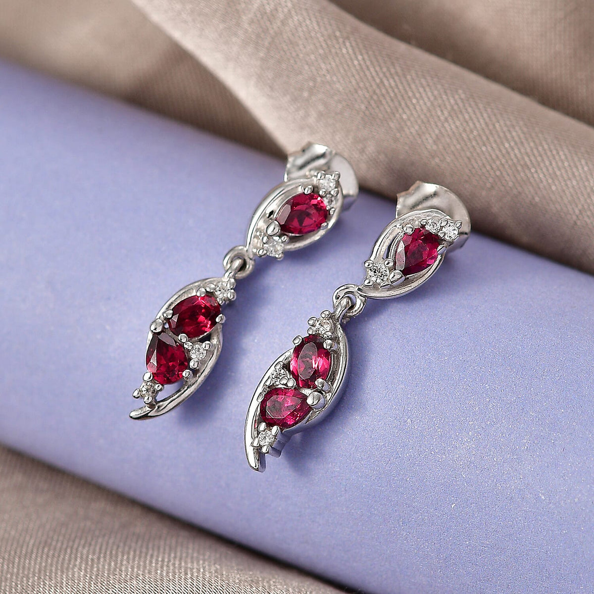 D'Joy Rhodolite Garnet &amp; White Zircon Dangling Push Post Earring in Platinum Overlay Sterling Silver 1.46 Ct. 8503160 2