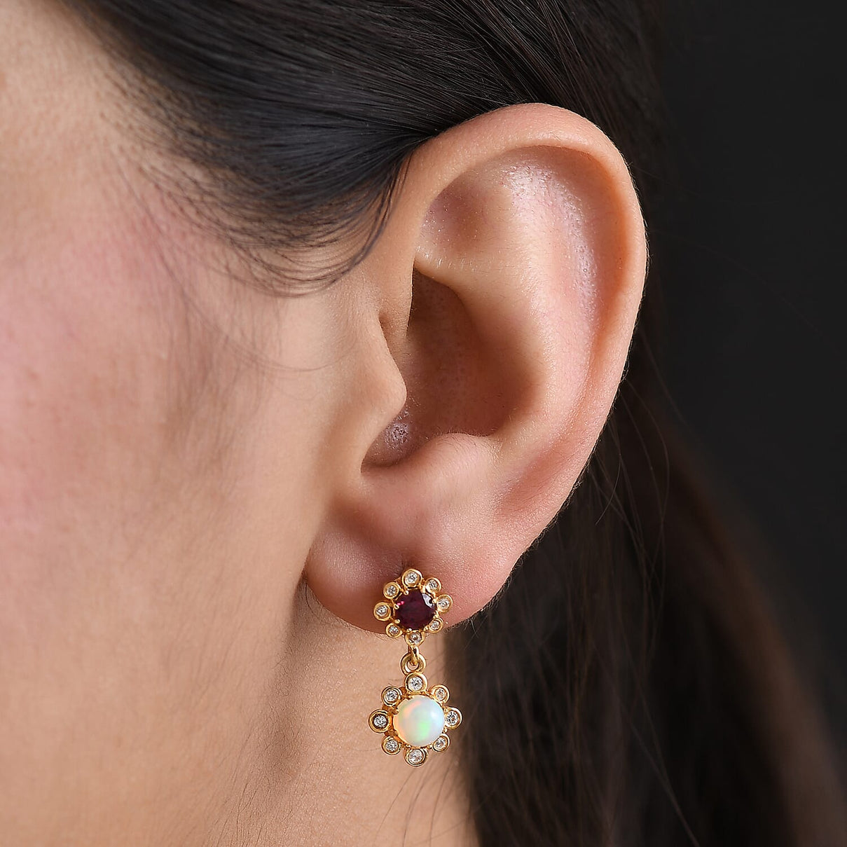 D'Joy Rhodolite Garnet, White Zircon &amp; Ethiopian Opal Dangling Push Post Earring in Yellow Gold Plated Sterling Silver 1.91 Ct. 8500926 2