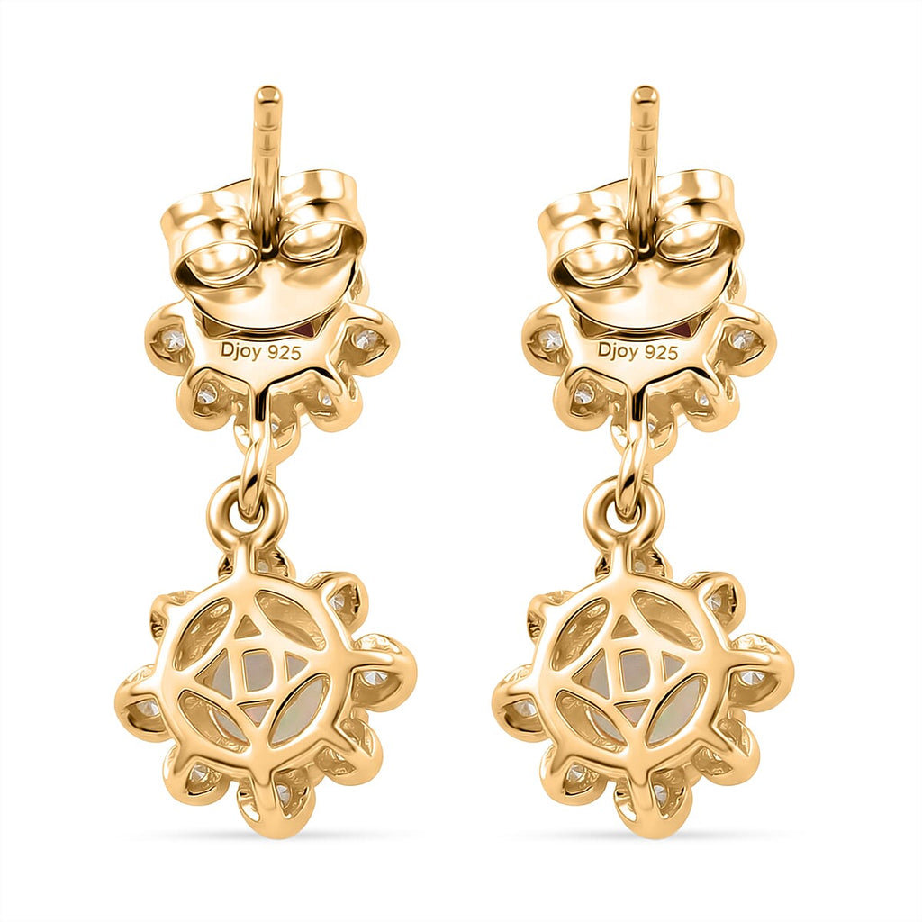 D'Joy Rhodolite Garnet, White Zircon & Ethiopian Opal Dangling Push Post Earring in Yellow Gold Plated Sterling Silver 1.91 Ct.