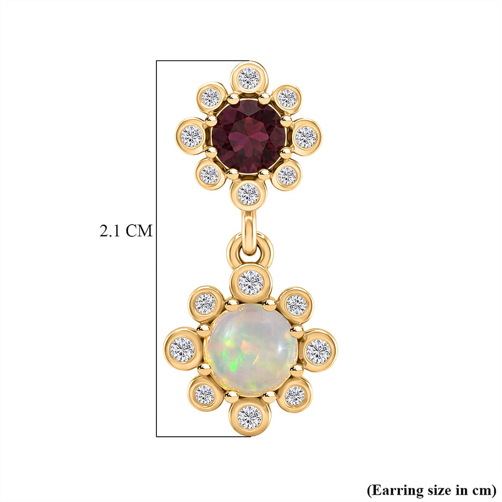 D'Joy Rhodolite Garnet, White Zircon & Ethiopian Opal Dangling Push Post Earring in Yellow Gold Plated Sterling Silver 1.91 Ct.