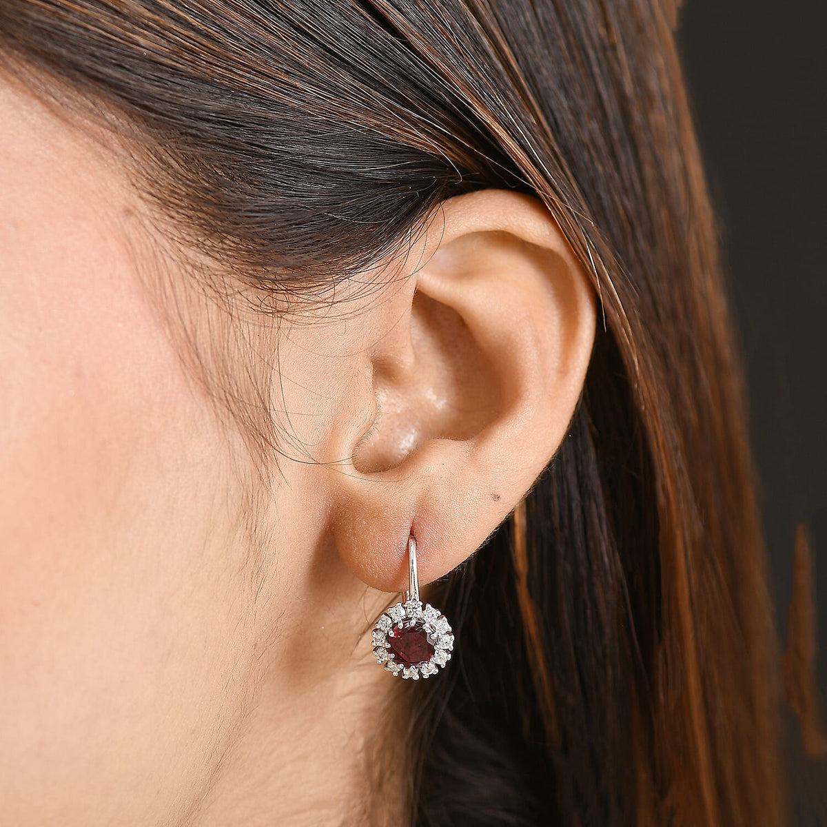 D'Joy Orissa Natural Rhodolite Garnet &amp; White Zircon Halo Earring with Lever Back in Platinum Overlay Sterling Silver 2.96 Ct. 8412199 3