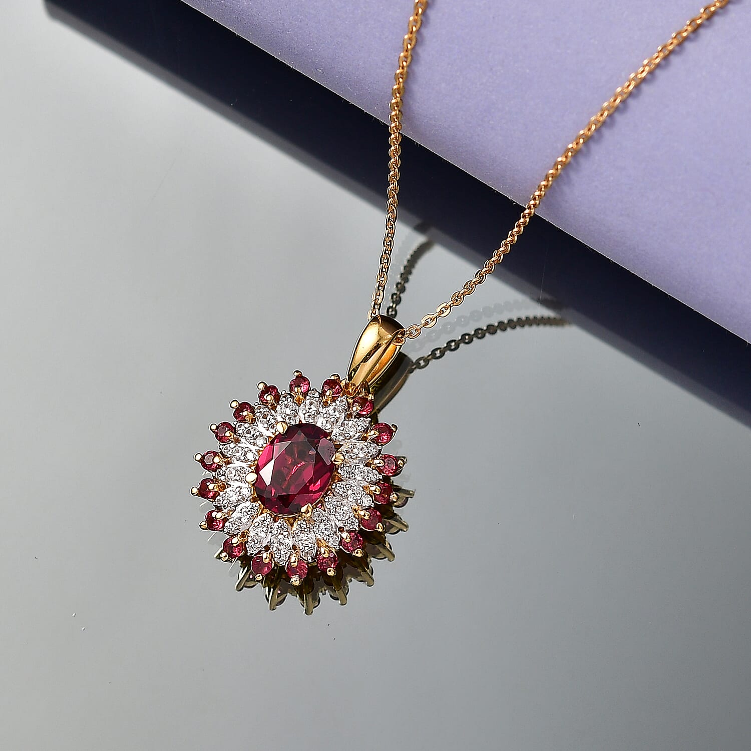 ONE TO OWN - D'Joy Rhodolite Garnet &amp; White Zircon Cluster Floral Pendant with Chain (Size 20) in 18K Vermeil Yellow Gold Plated Sterling Silver 2.63 Ct, Silver Wt. 4.30 Gms V32515816 2