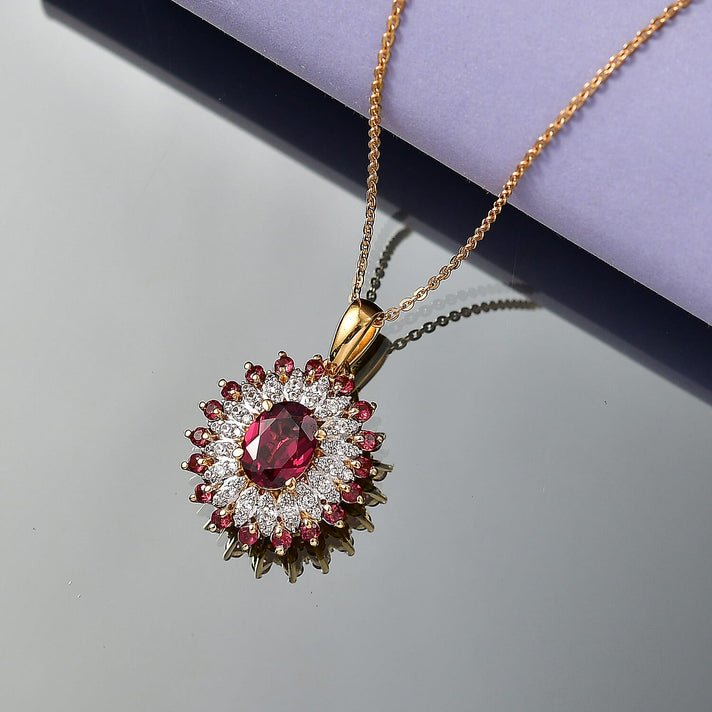 ONE TO OWN - D'Joy Rhodolite Garnet &amp; White Zircon Cluster Floral Pendant with Chain (Size 20) in 18K Vermeil Yellow Gold Plated Sterling Silver 2.63 Ct, Silver Wt. 4.30 Gms 4458613 2
