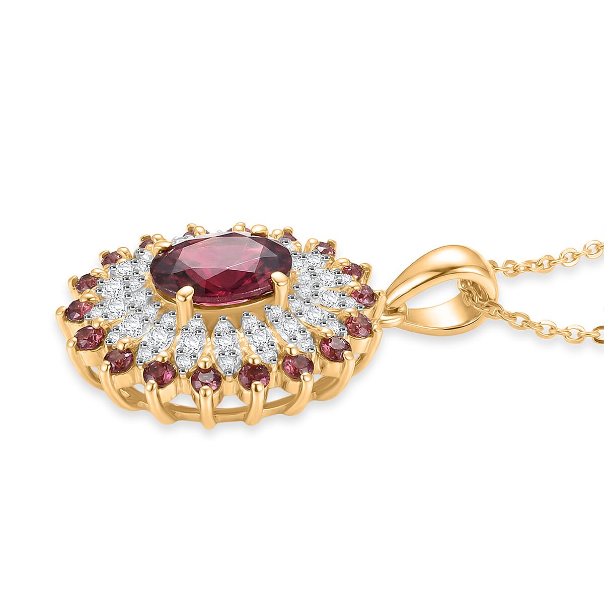 ONE TO OWN - D'Joy Rhodolite Garnet &amp; White Zircon Cluster Floral Pendant with Chain (Size 20) in 18K Vermeil Yellow Gold Plated Sterling Silver 2.63 Ct, Silver Wt. 4.30 Gms V32515816 4