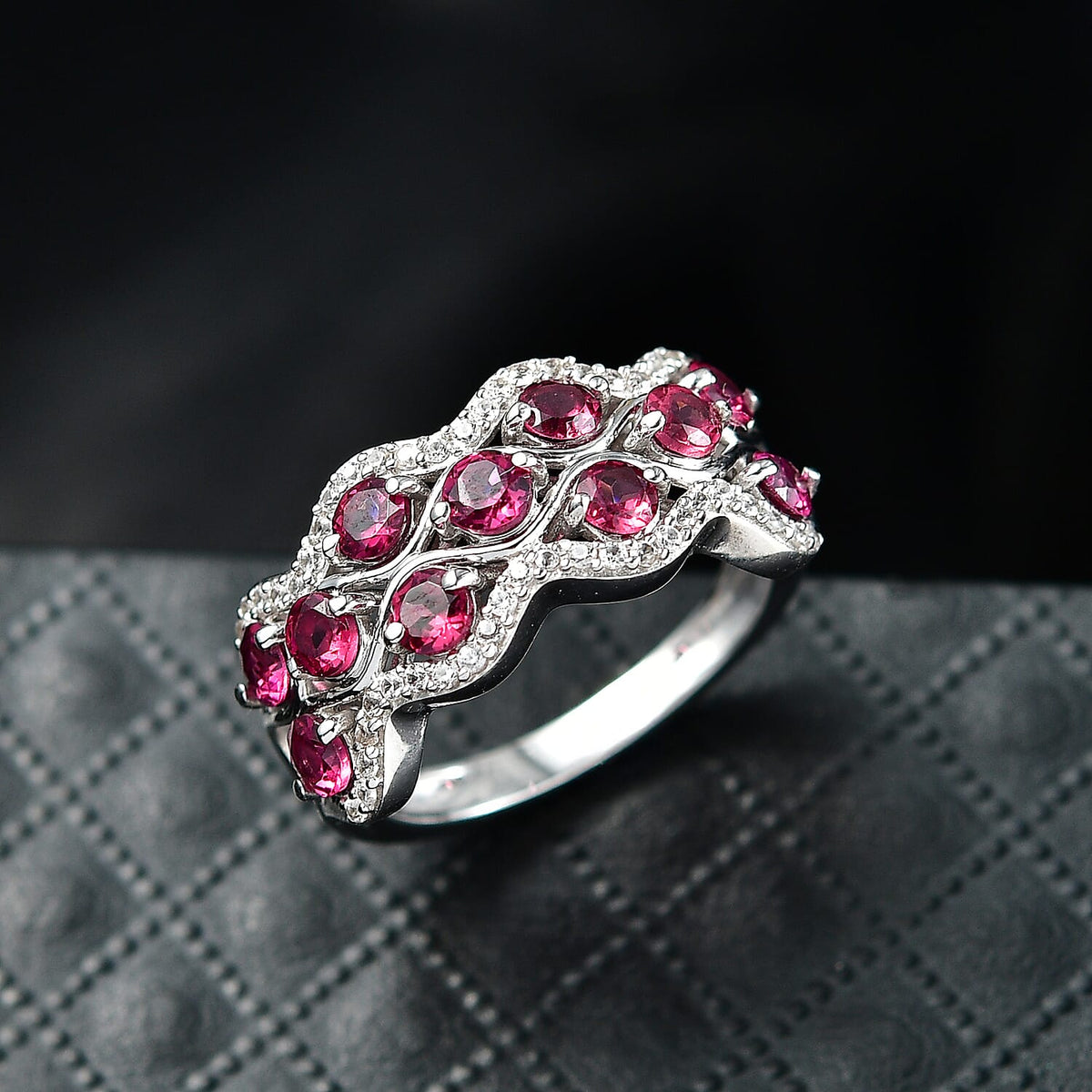 D'Joy Rhodolite Garnet, White Zircon Stackable Wave Ring in Platinum Overlay Sterling Silver 2.19 Ct. 8412046 2