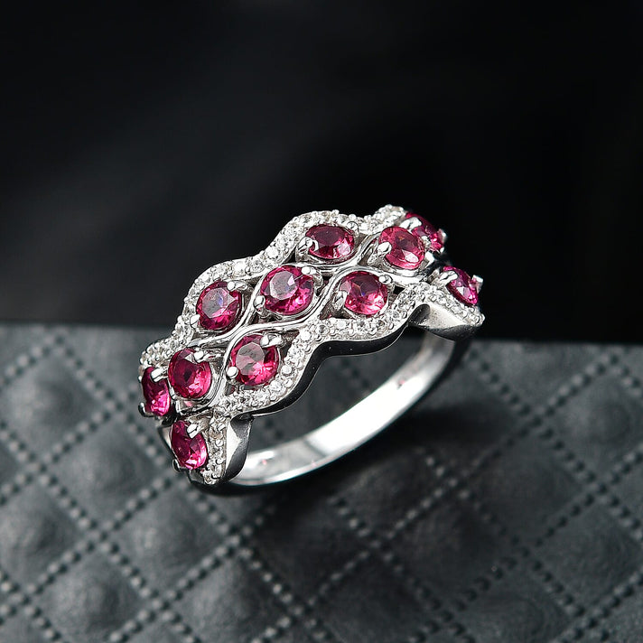 D'Joy Rhodolite Garnet, White Zircon Stackable Wave Ring in Platinum Overlay Sterling Silver 2.19 Ct. 8412046 2