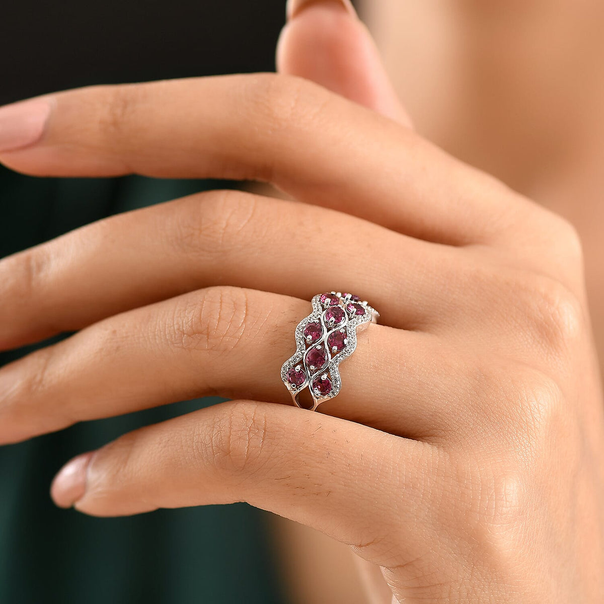 D'Joy Rhodolite Garnet, White Zircon Stackable Wave Ring in Platinum Overlay Sterling Silver 2.19 Ct. 8412046 3