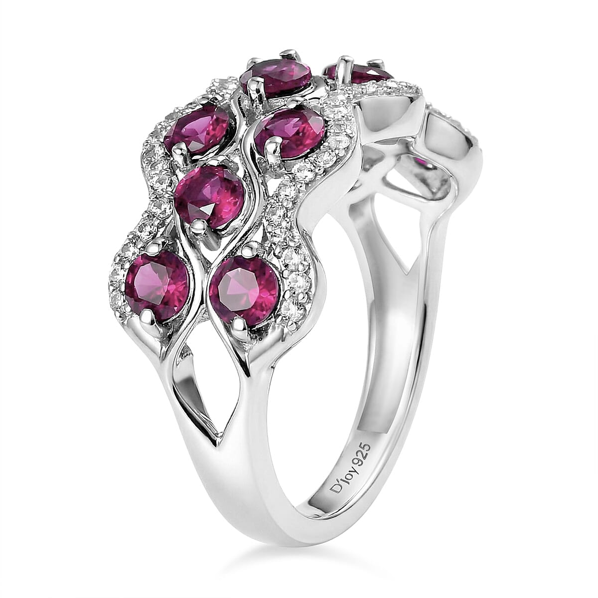 D'Joy Rhodolite Garnet, White Zircon Stackable Wave Ring in Platinum Overlay Sterling Silver 2.19 Ct. 8412046 4