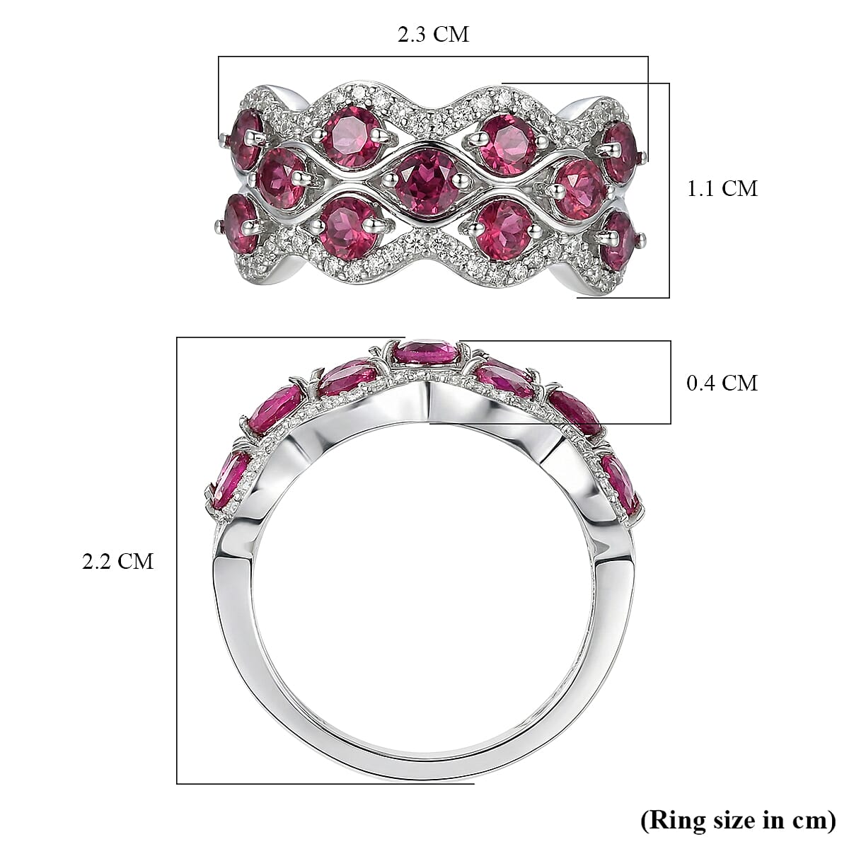 D'Joy Rhodolite Garnet, White Zircon Stackable Wave Ring in Platinum Overlay Sterling Silver 2.19 Ct. 8412046 6