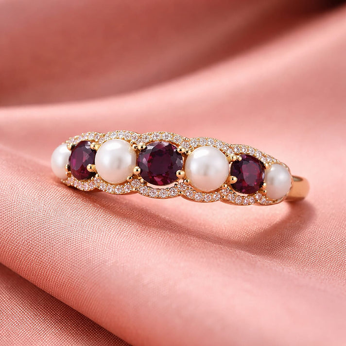D'Joy Rhodolite Garnet, Zircon &amp; Fresh Water Pearl Ring in Yellow Gold Plated Sterling Silver 3.00 Ct. 8422404 2