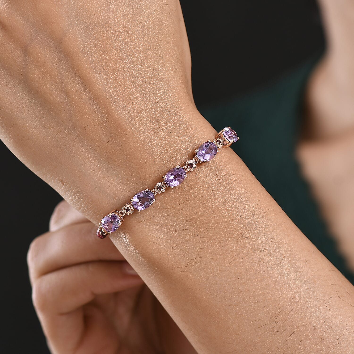 D'Joy AAA Rose De France Amethyst &amp; Red Garnet Linking Bracelet (Size - 7) in 18K Vermeil Rose Gold Plated Sterling Silver 14.95 Ct. 8429501 2