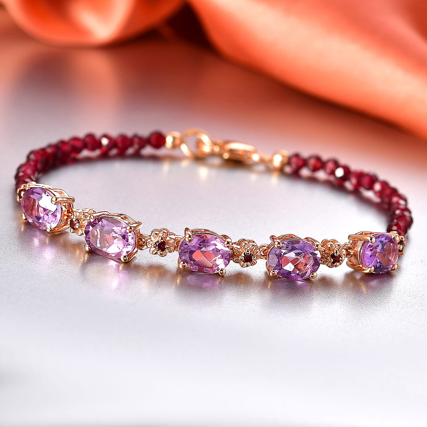 D'Joy AAA Rose De France Amethyst &amp; Red Garnet Linking Bracelet (Size - 7) in 18K Vermeil Rose Gold Plated Sterling Silver 14.95 Ct. 8429501 3