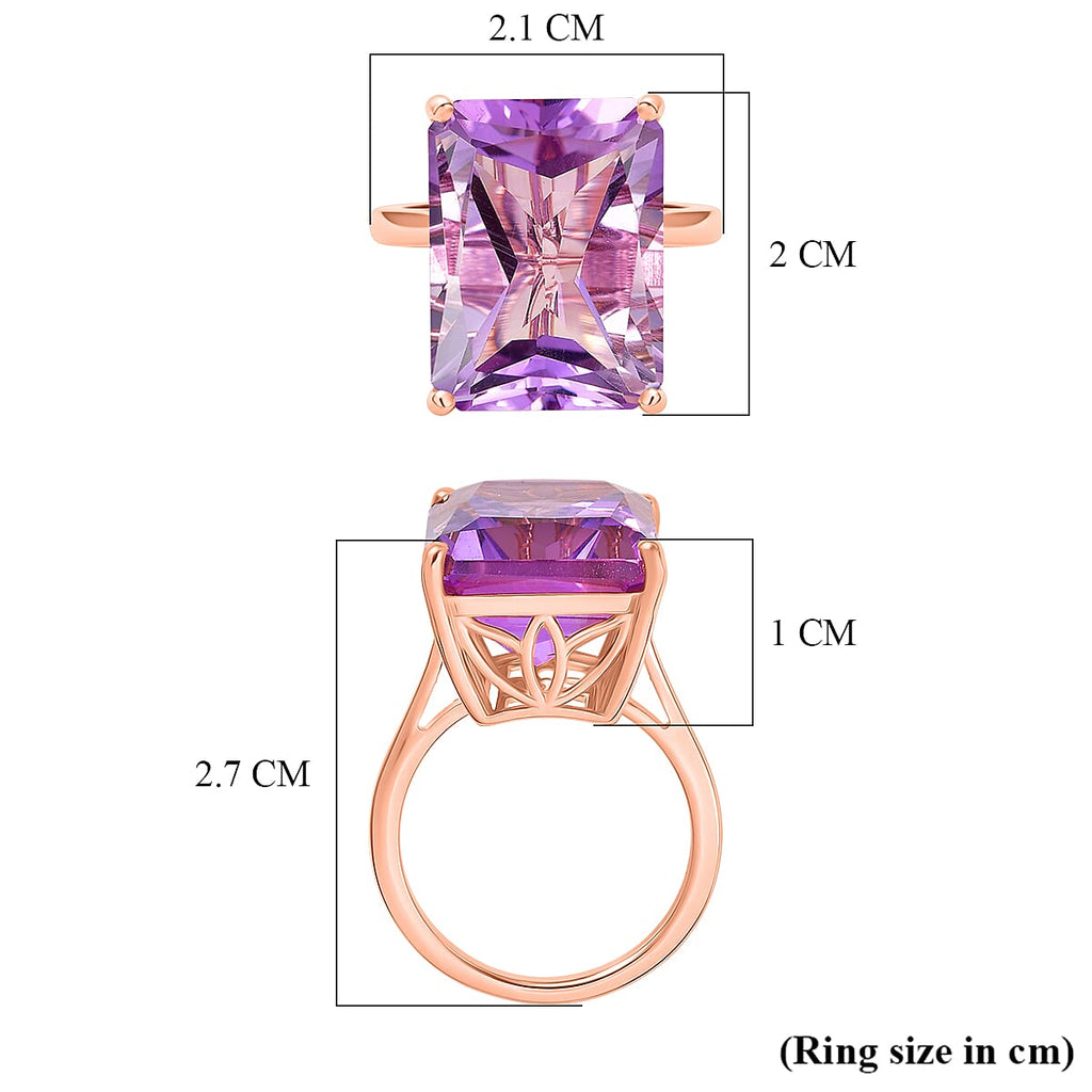 D'Joy Rose De France RADIANT CUT Amethyst Solitaire Ring in 18K Vermeil Rose Gold Plated Sterling Silver 15.36 Ct.