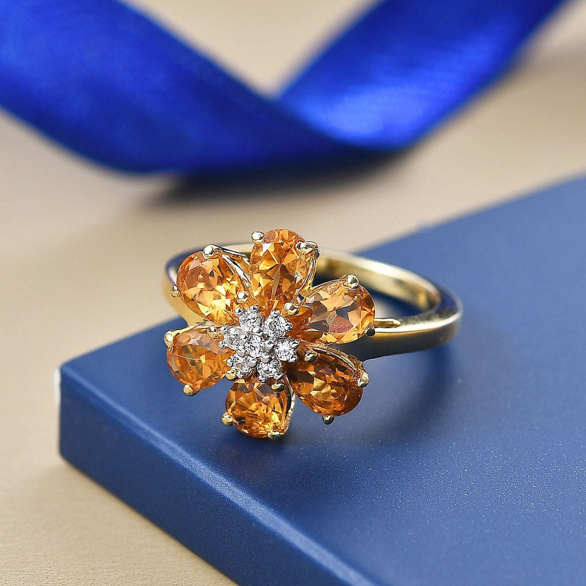 D'Joy Serra Gaucha Citrine &amp; White Zircon Floral Ring in Yellow Gold Plated Sterling Silver 2.55 Ct. 8277270 2