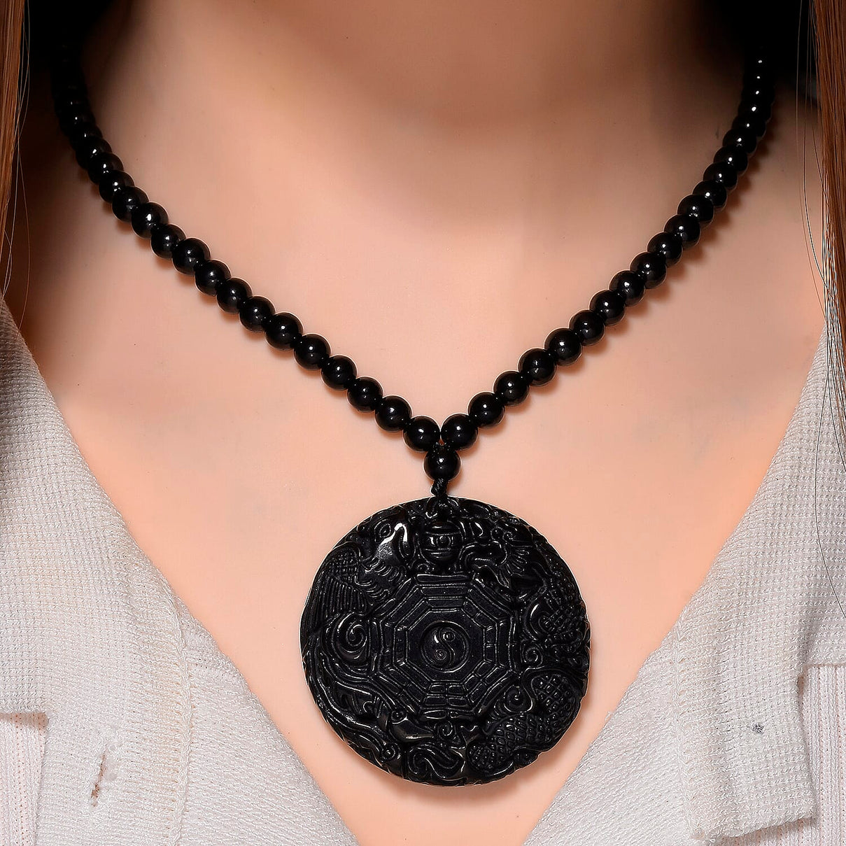 D'joy Natural Shungite Dragon and Phoenix Necklace (Size 20) in Rhodium Overlay Sterling Silver 254.55 Ct. 8248583 2