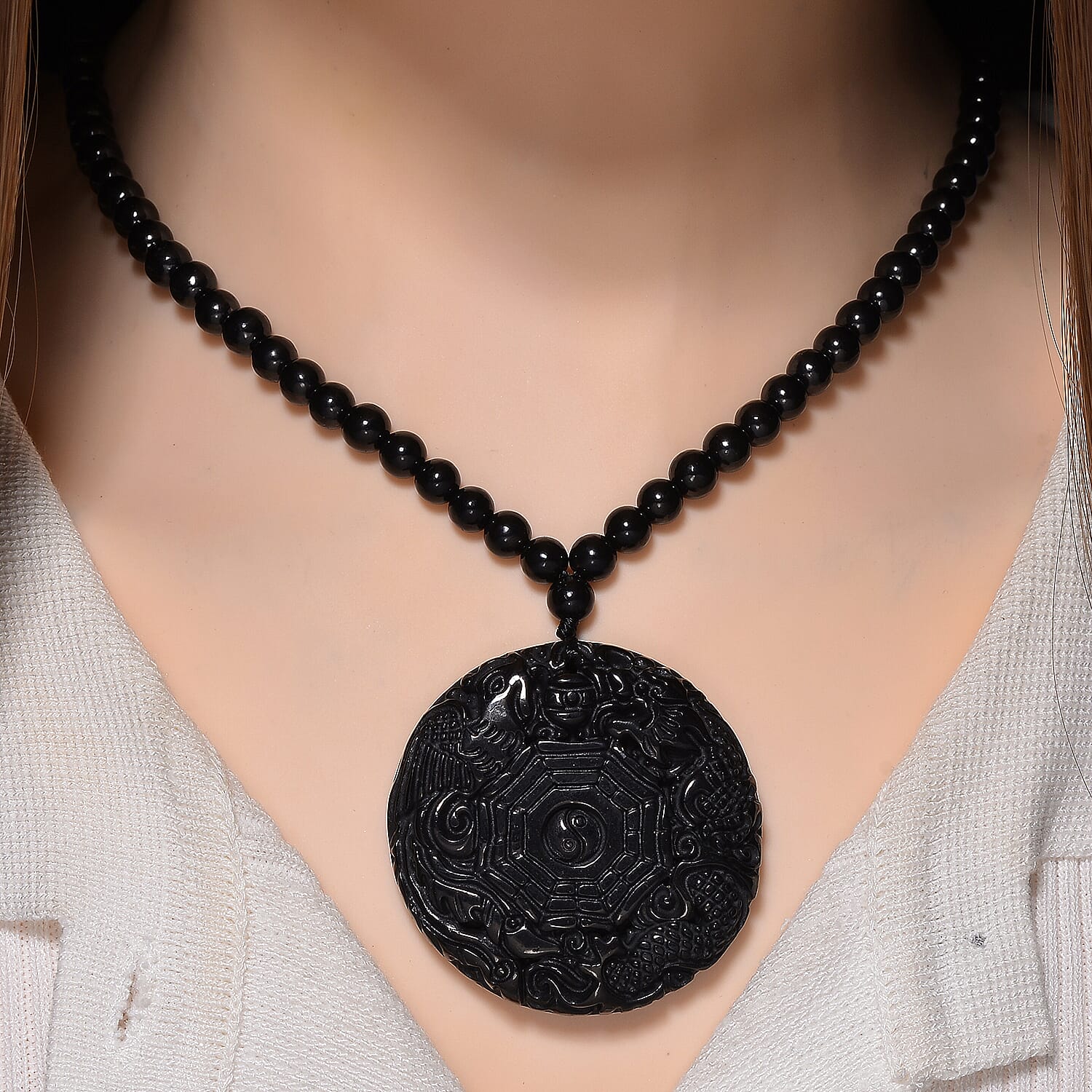 D'joy Natural Shungite Dragon and Phoenix Necklace (Size 20) in Rhodium Overlay Sterling Silver 254.55 Ct. 8248583 2