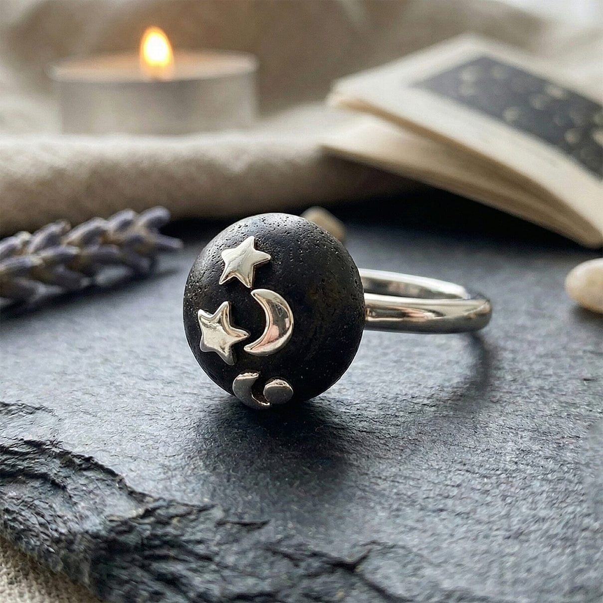 D'Joy - Natural Shungite Celestial Cabochon Ring in Rhodium Overlay Sterling Silver 12.50 Ct 8430779 3