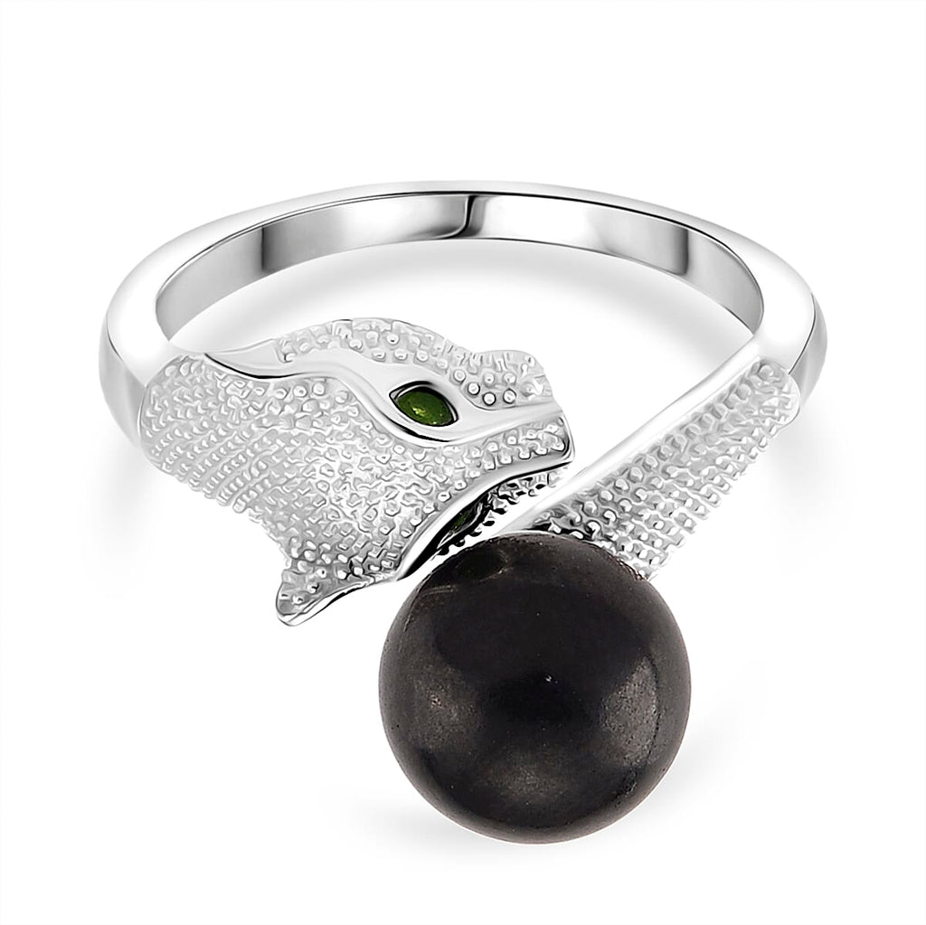 D'Joy Shungite & Natural Chrome Diopside Panther Ring in Rhodium Overlay Sterling Silver 5.56 Ct.
