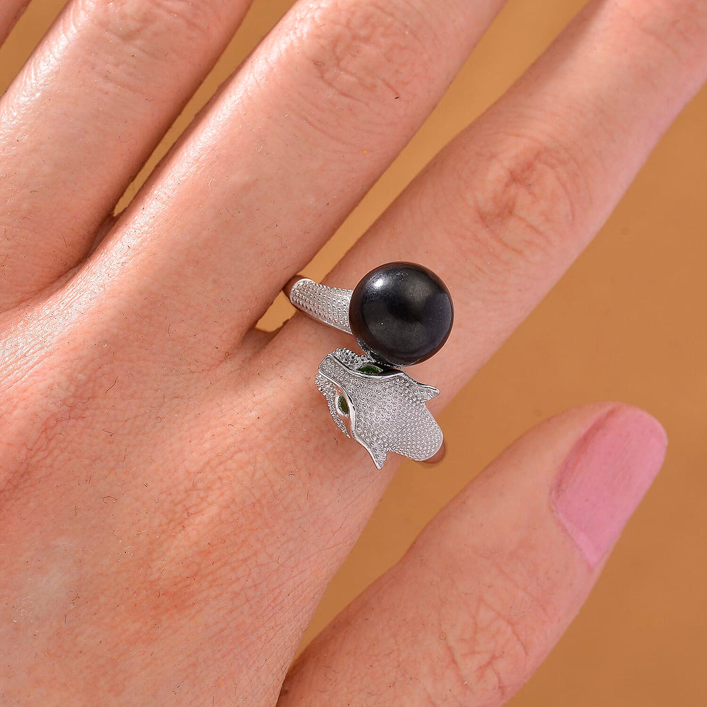 D'Joy Shungite & Natural Chrome Diopside Panther Ring in Rhodium Overlay Sterling Silver 5.56 Ct.