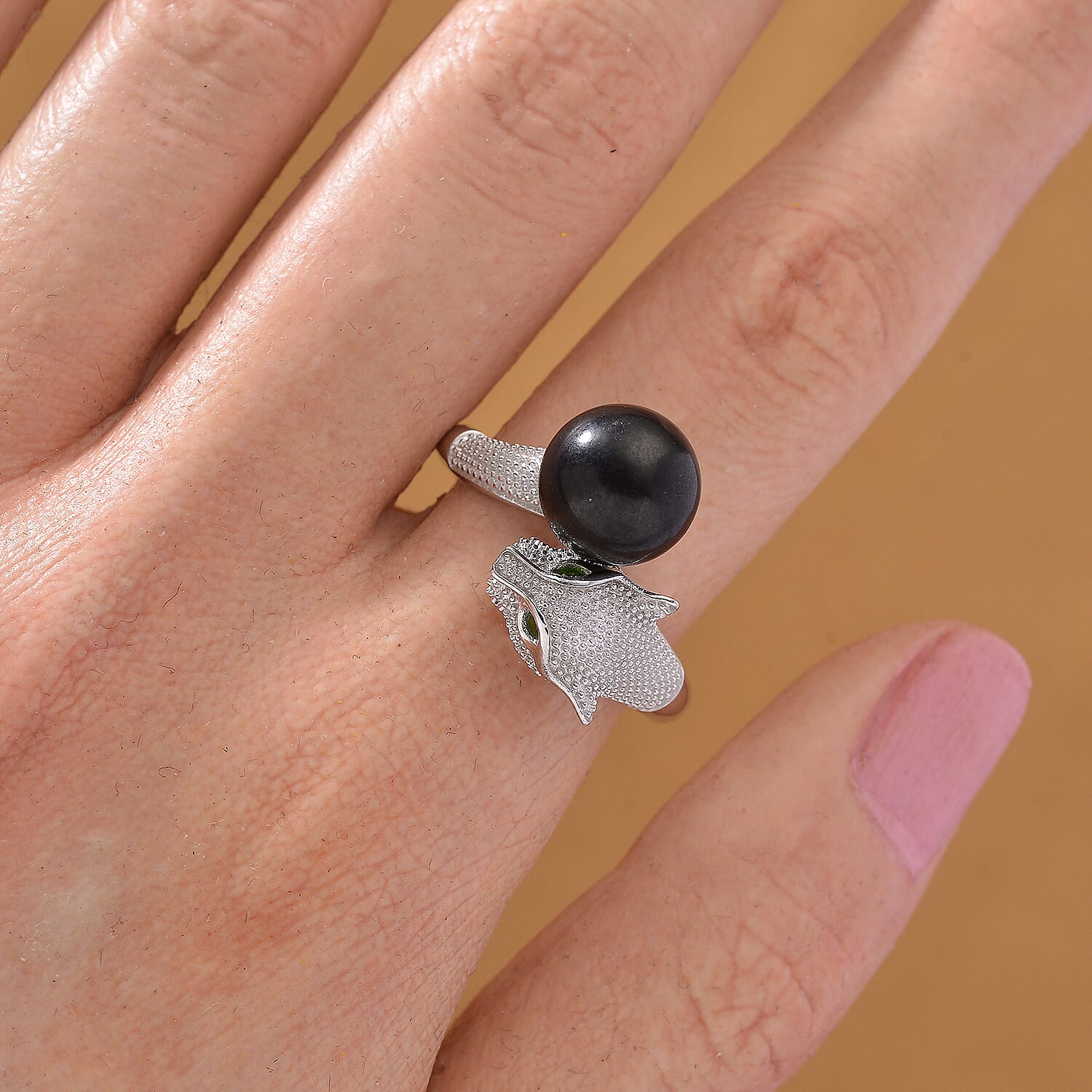 D'Joy Shungite &amp; Natural Chrome Diopside Panther Ring in Rhodium Overlay Sterling Silver 5.56 Ct. 8247064 2