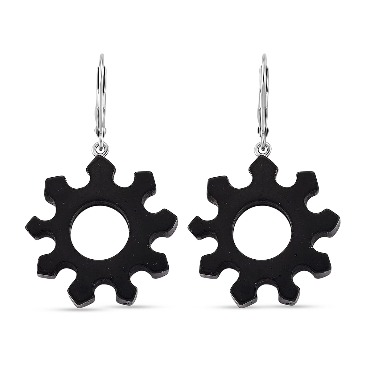 D'Joy - Natural Shungite Steampunk Gear Dangle Earring with Lever Back in Rhodium Overlay Sterling Silver 25.00 Ct. 8430824 0
