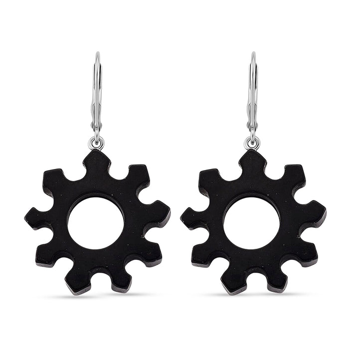 D'Joy - Natural Shungite Steampunk Gear Dangle Earring with Lever Back in Rhodium Overlay Sterling Silver 25.00 Ct. 8430824 1