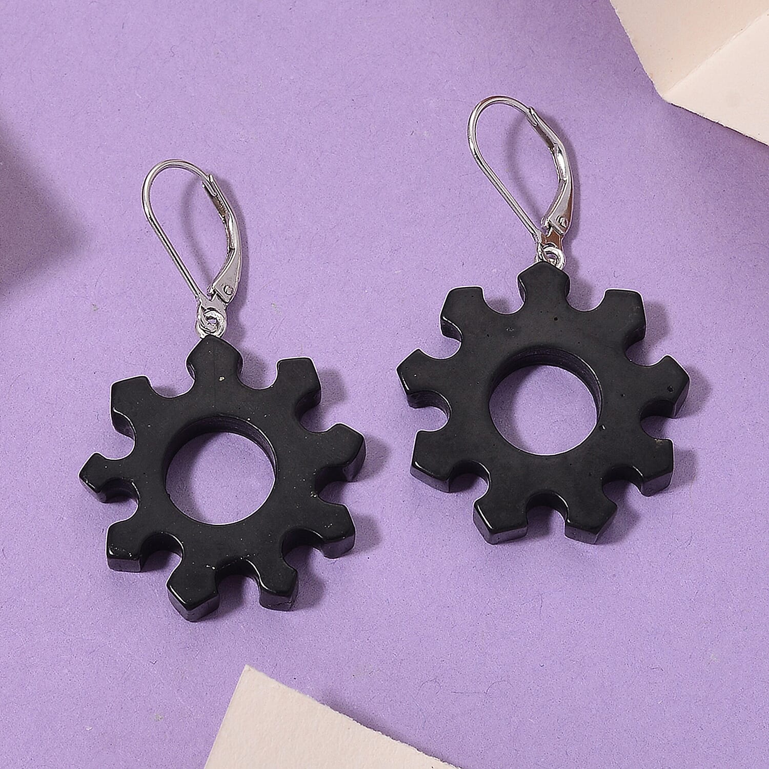 D'Joy - Natural Shungite Steampunk Gear Dangle Earring with Lever Back in Rhodium Overlay Sterling Silver 25.00 Ct. 8430824 2