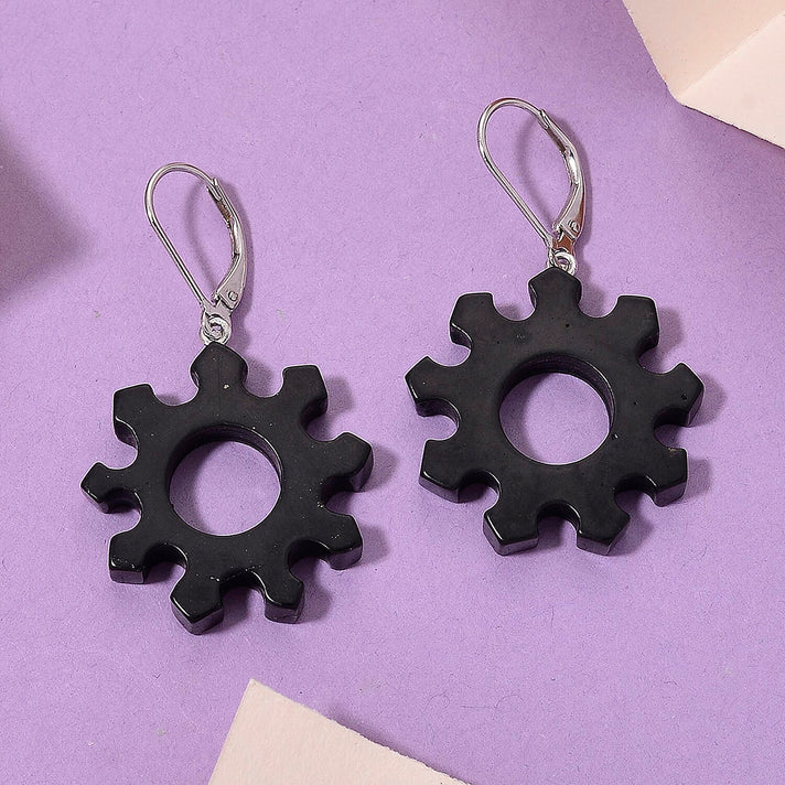 D'Joy - Natural Shungite Steampunk Gear Dangle Earring with Lever Back in Rhodium Overlay Sterling Silver 25.00 Ct. 8430824 2