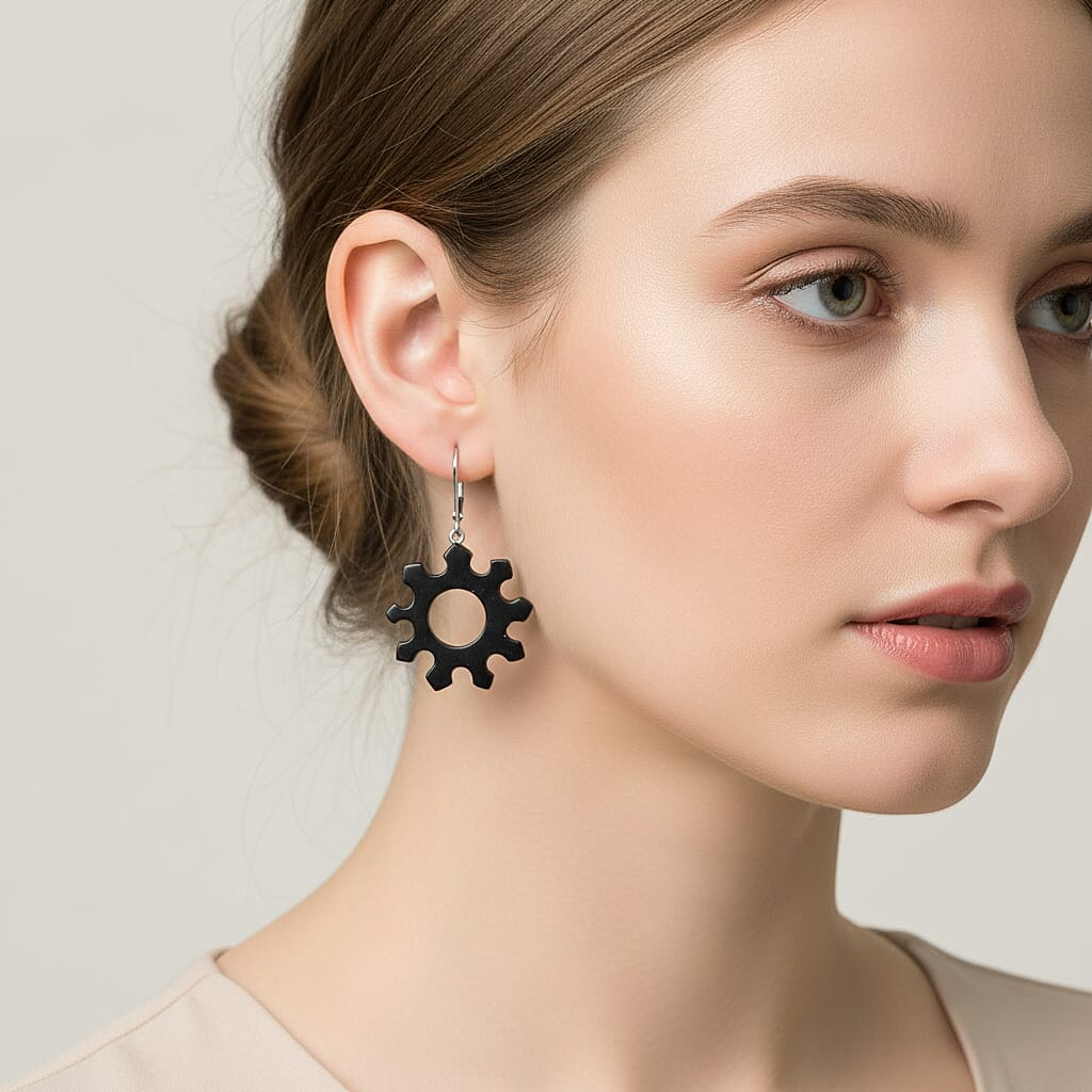 D'Joy - Natural Shungite Steampunk Gear Dangle Earring with Lever Back in Rhodium Overlay Sterling Silver 25.00 Ct. 8430824 3