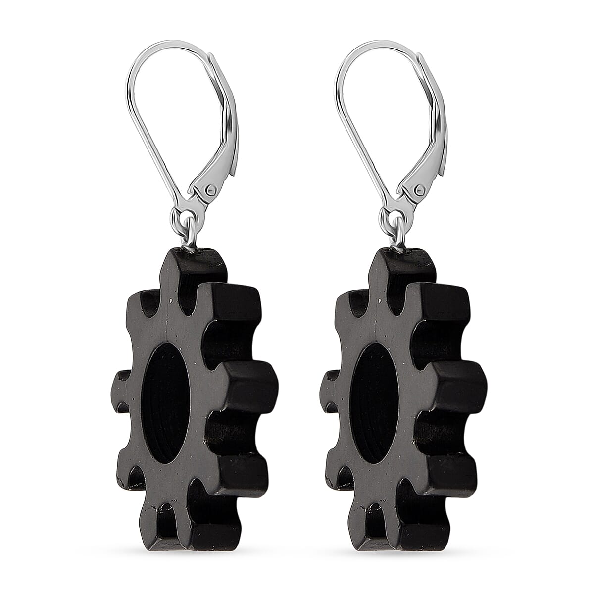 D'Joy - Natural Shungite Steampunk Gear Dangle Earring with Lever Back in Rhodium Overlay Sterling Silver 25.00 Ct. 8430824 4