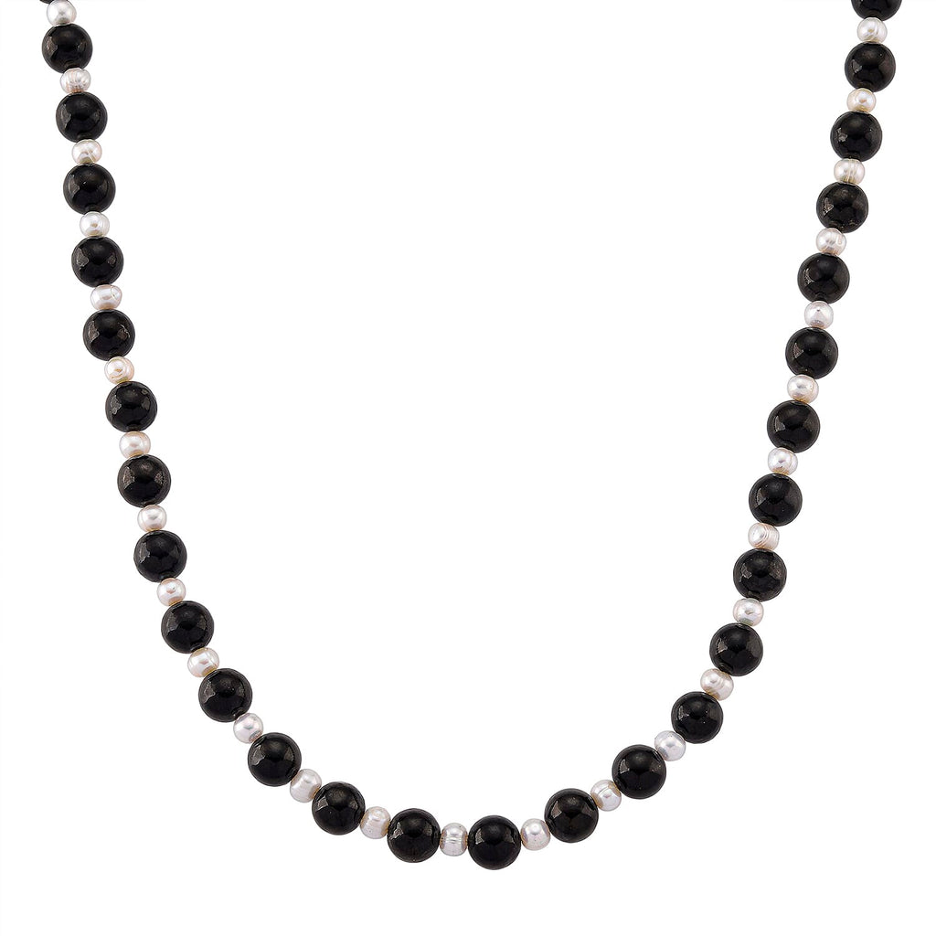 D'Joy Natural Shungite & White Fresh Water Pearl Beads Necklace (Size - 20) with Magnetic Lock in Rhodium Overlay Sterling Silver 250.00 Ct.