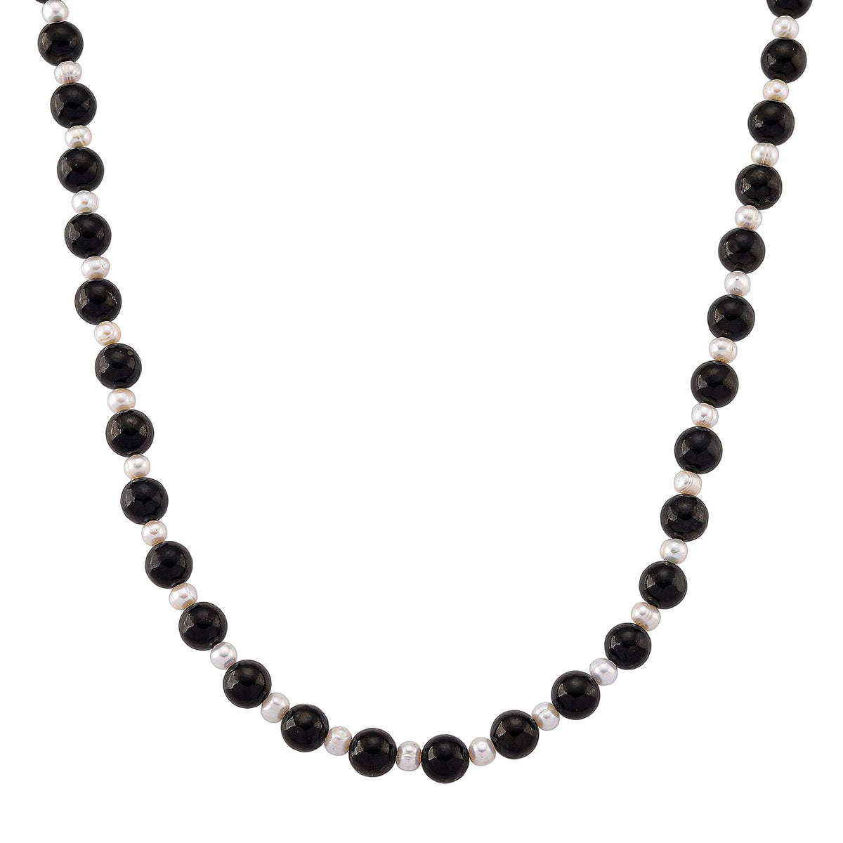 D'Joy Natural Shungite &amp; White Fresh Water Pearl Beads Necklace (Size - 20) with Magnetic Lock in Rhodium Overlay Sterling Silver 250.00 Ct. 8433851 0