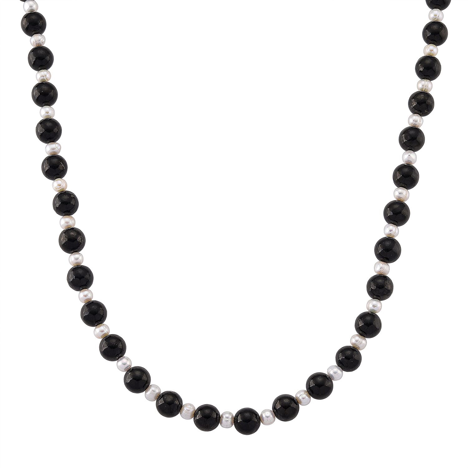 D'Joy Natural Shungite &amp; White Fresh Water Pearl Beads Necklace (Size - 20) with Magnetic Lock in Rhodium Overlay Sterling Silver 250.00 Ct. 8433851 0