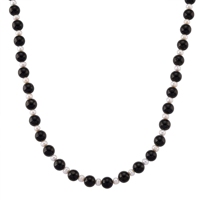 D'Joy Natural Shungite &amp; White Fresh Water Pearl Beads Necklace (Size - 20) with Magnetic Lock in Rhodium Overlay Sterling Silver 250.00 Ct. 8433851 1