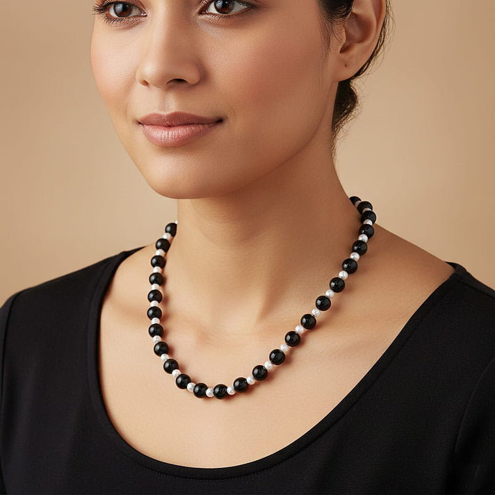 D'Joy Natural Shungite &amp; White Fresh Water Pearl Beads Necklace (Size - 20) with Magnetic Lock in Rhodium Overlay Sterling Silver 250.00 Ct. 8433851 2